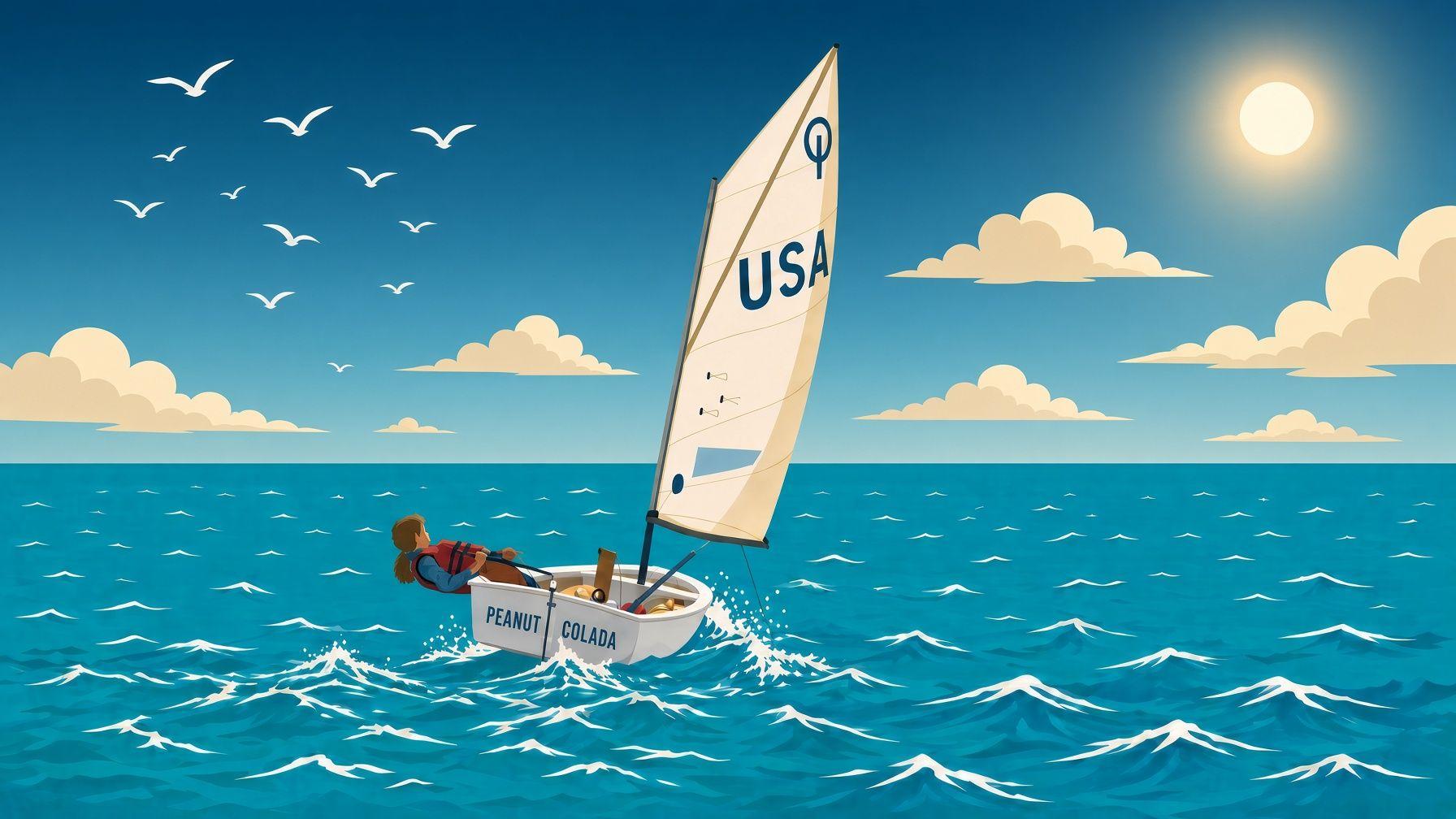 Illustration of a young sailor in an Optimist dinghy on open water