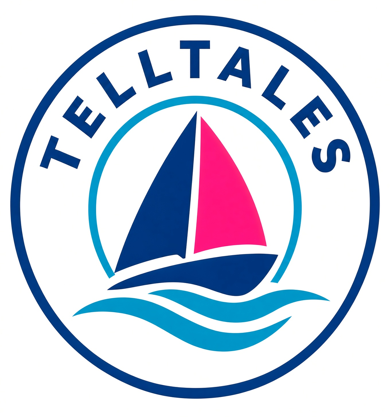 Telltales badge — sailboat with magenta sail and cyan waves